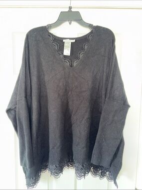 Chico's Black V-Neck Sweater with Leather Lace Trim L/XL